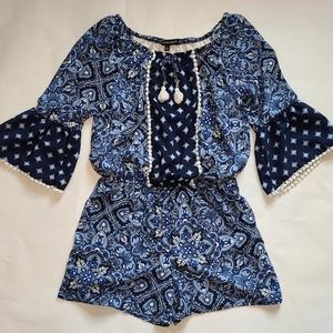 My Michelle Girls blue paisley boho Romper, sz L